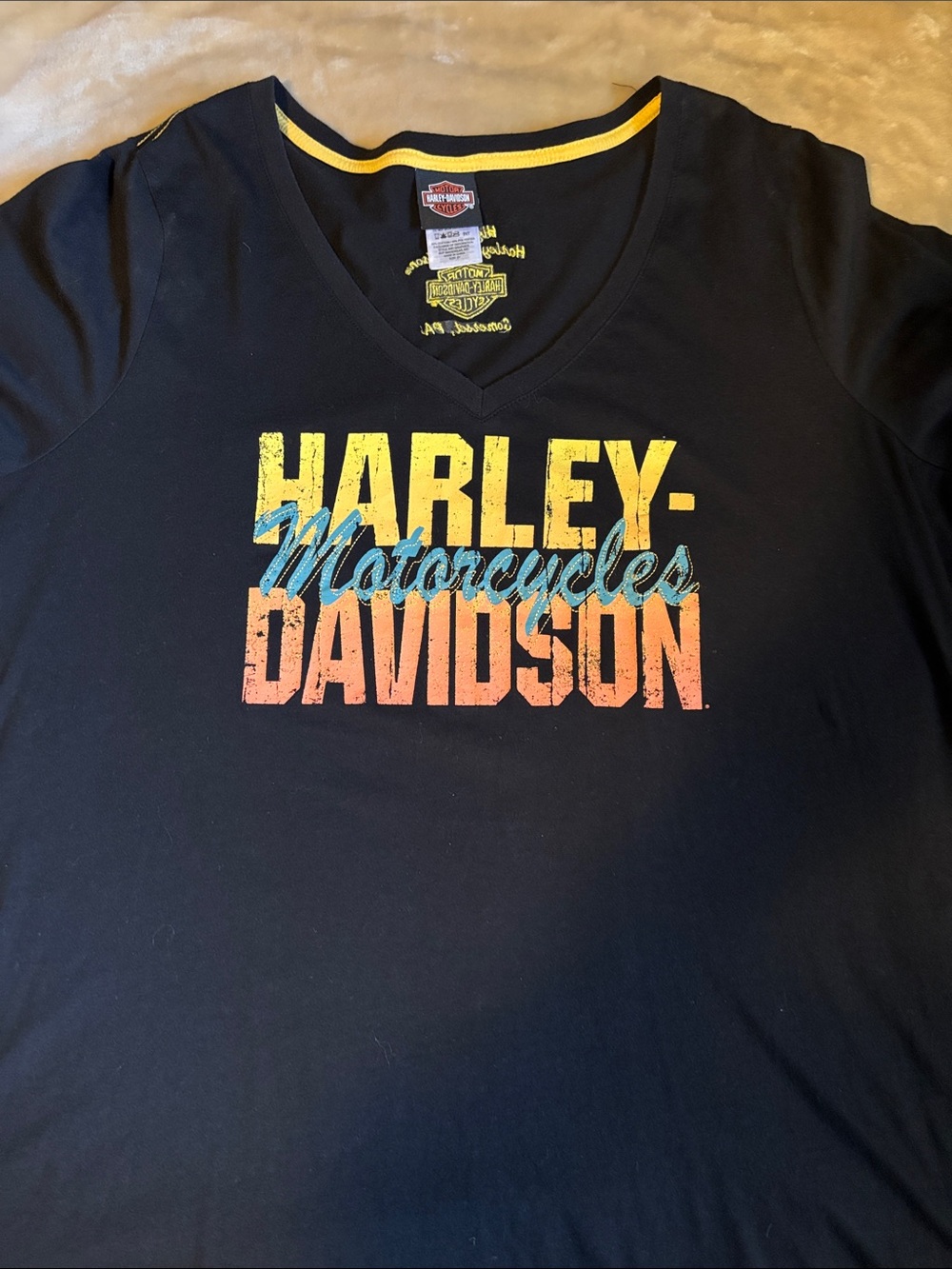 Harley-Davidson Black V-Neck Tee with Yellow, Blue & Orange Logo
